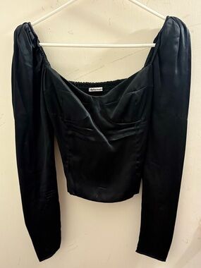 Reformation Black Satin Bardot Long Sleeve Top